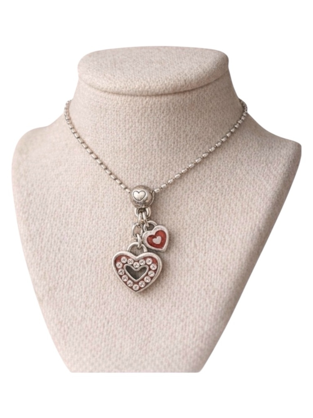 Brighton Vintage Silver & Red Enamel Hearts Charms Pendant Necklace